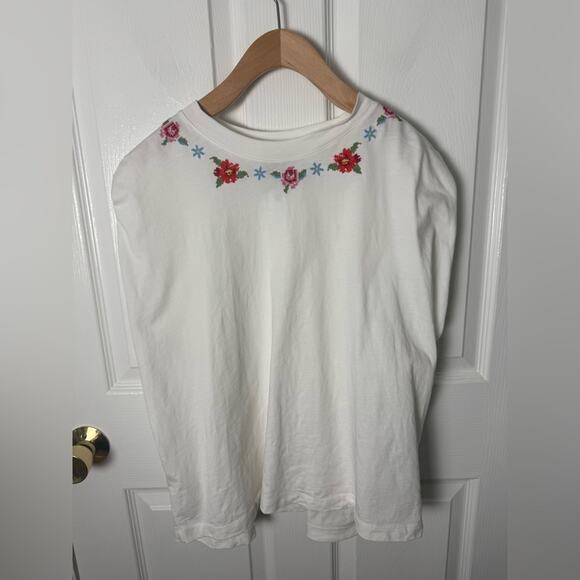 Farm Rio Off-White Cross Stitch Flowers Organic Cotton T-Shirt L - Picture 2 of 9